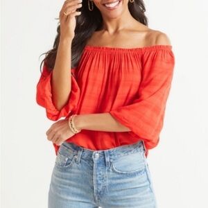 Sanctuary Orange Red Smocked 3/4 Sleeve Blouse